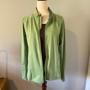 Green track jacket with brown y-back tank
